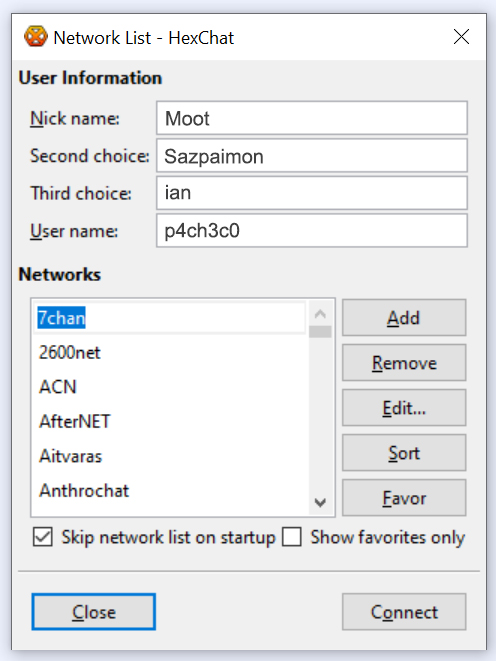 HexChat Network List window with user information filled in